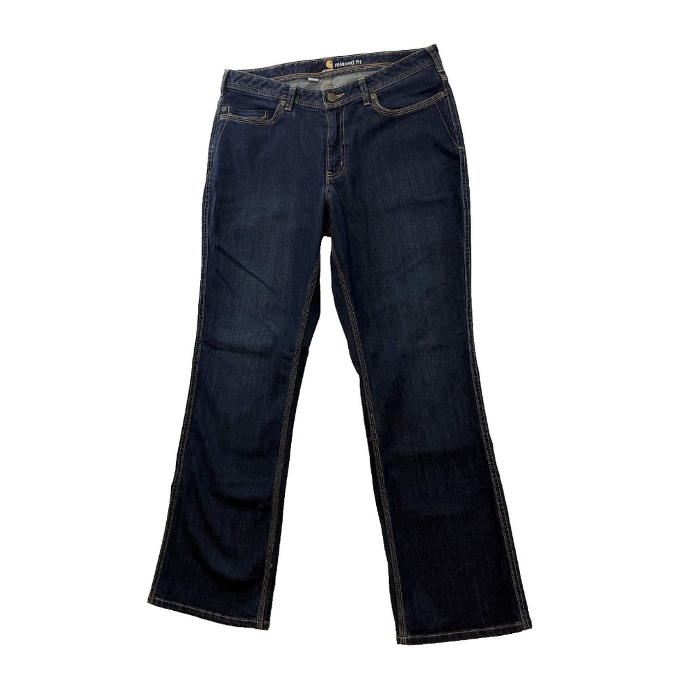 Carhartt Women Size 12 Reg Dark Blue Denim Jeans Relaxed Fit Mid Rise Boot Cut